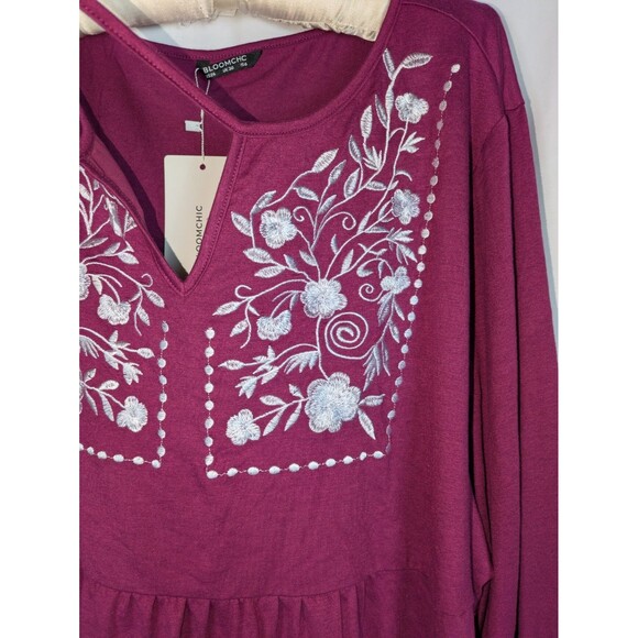 NWT Bloomchic Tunic 26 Women's Pink Embroidered Long Sleeve Tie Neck Stretch - Picture 3 of 8